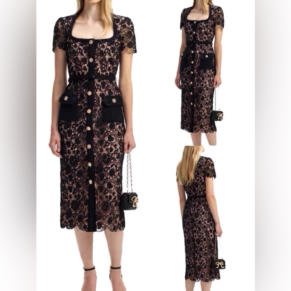 Self-Portrait Black Lace Crystal Embellished Belted Midi Dress Uk6/Us2 Nwot